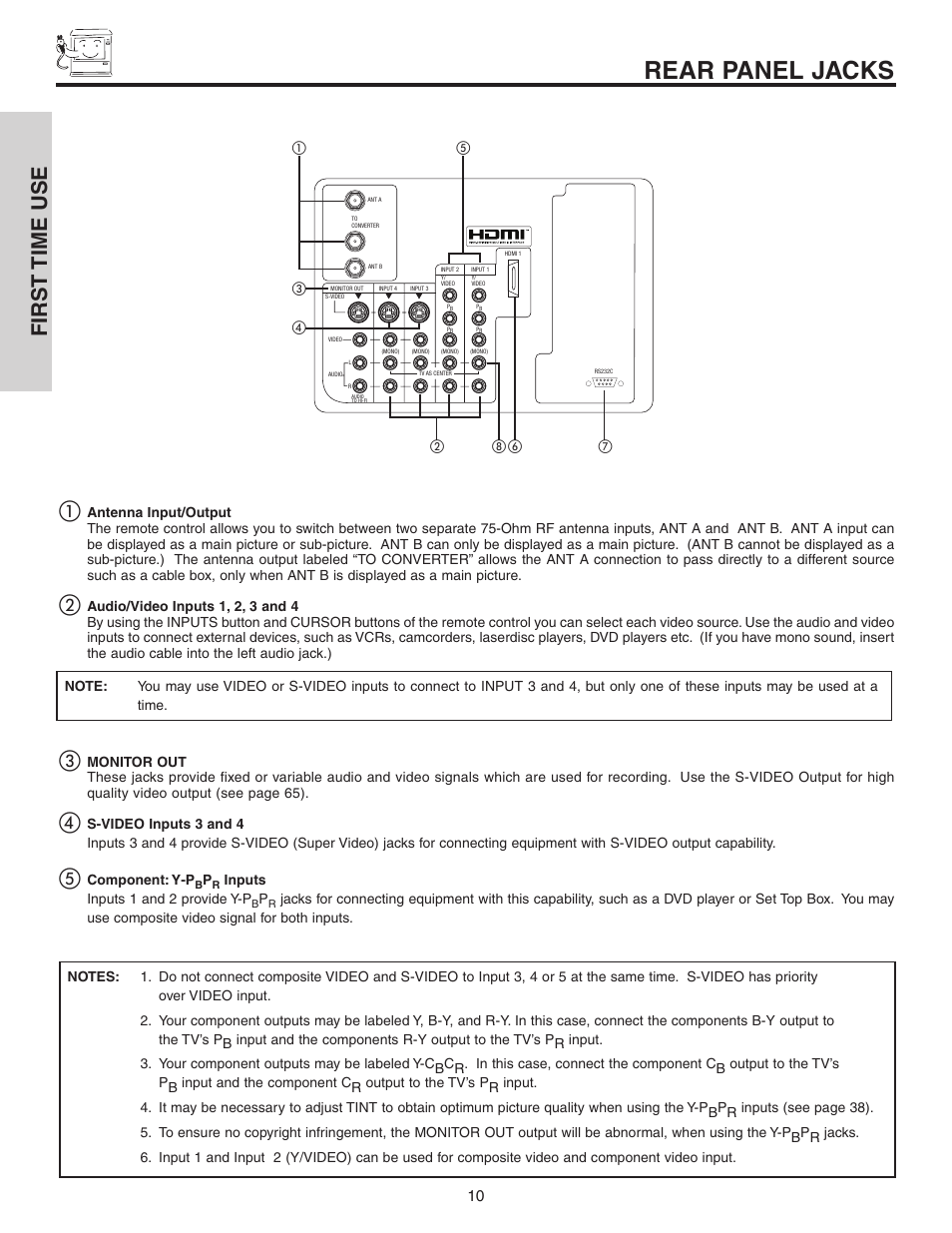 Rear panel jacks, First time use | Hitachi 42V525 User Manual | Page 10 / 76