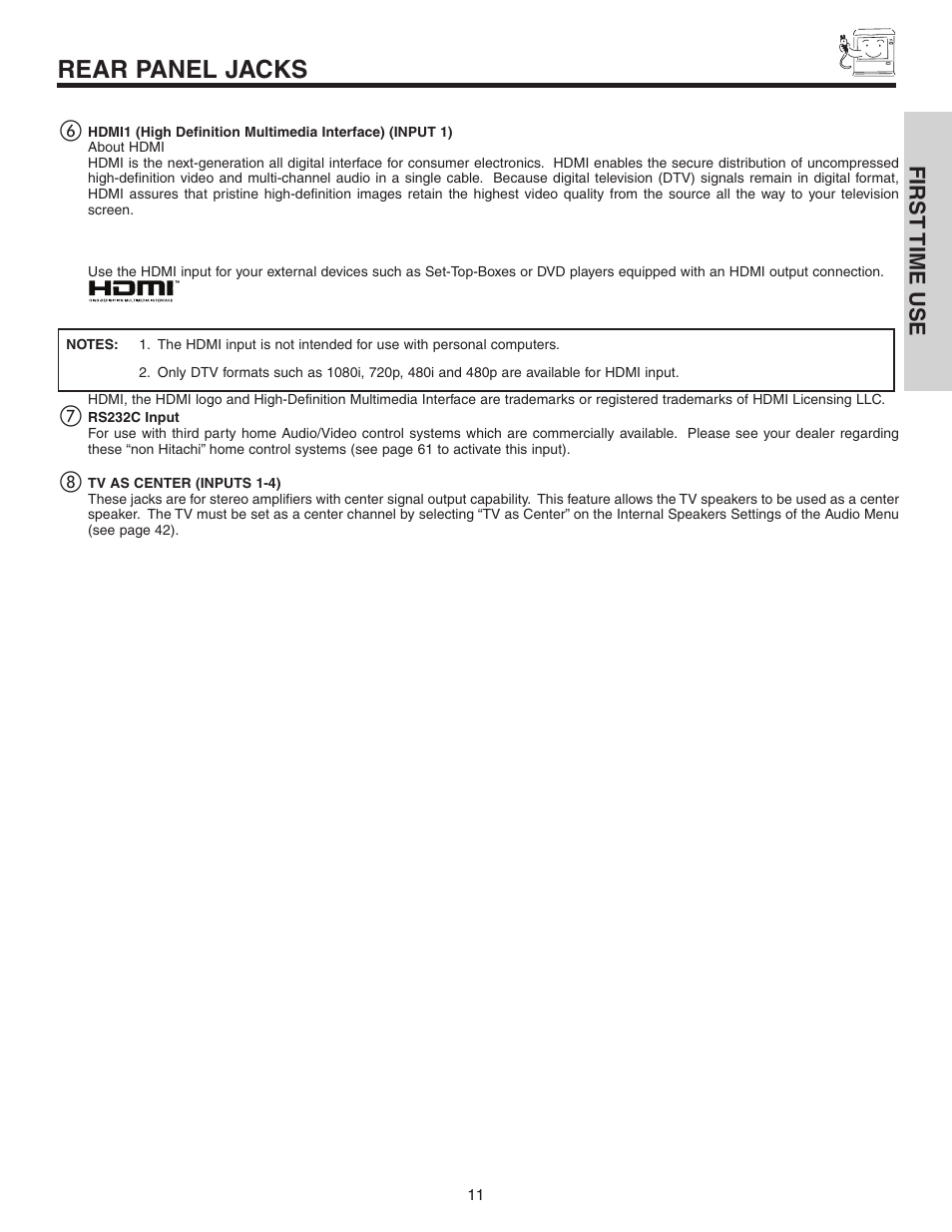 Rear panel jacks, First time use | Hitachi 42V525 User Manual | Page 11 / 76