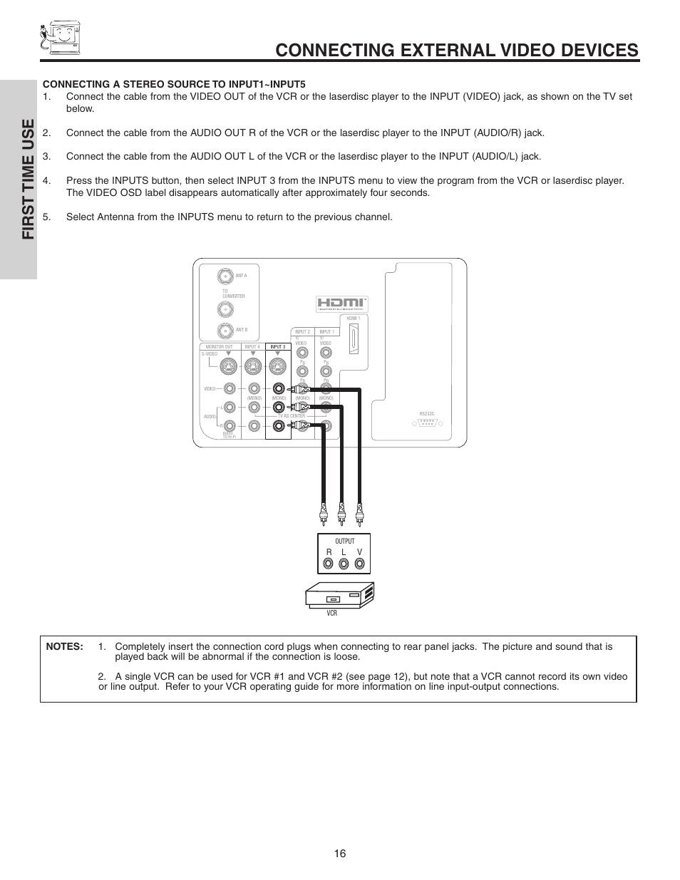 Connecting external video devices, First time use | Hitachi 42V525 User Manual | Page 16 / 76