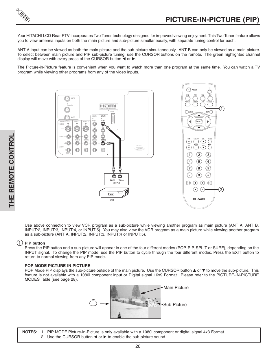 Picture-in-picture (pip), The remo te contr ol, Main picture sub picture | Hitachi 42V525 User Manual | Page 26 / 76