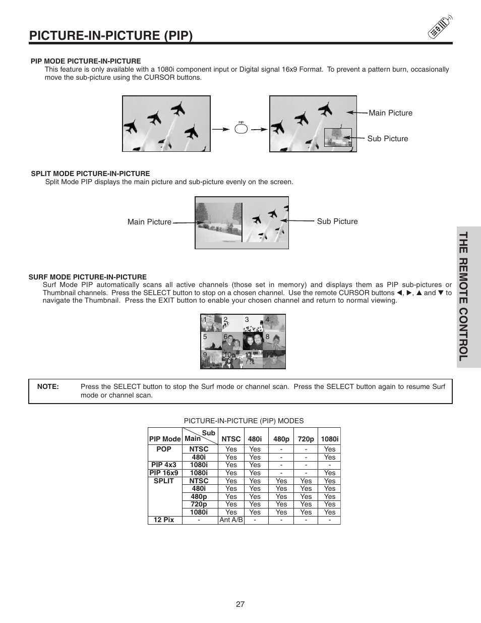 Picture-in-picture (pip), The remo te contr ol | Hitachi 42V525 User Manual | Page 27 / 76