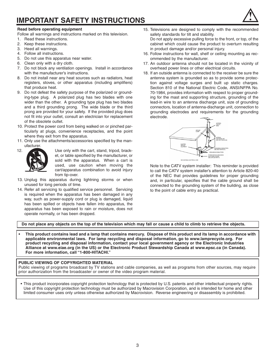 Important safety instructions | Hitachi 42V525 User Manual | Page 3 / 76