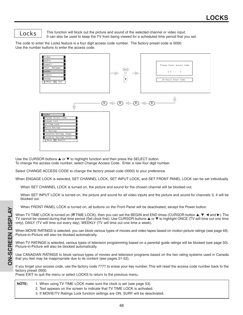 Locks, On-screen displa y | Hitachi 42V525 User Manual | Page 48 / 76