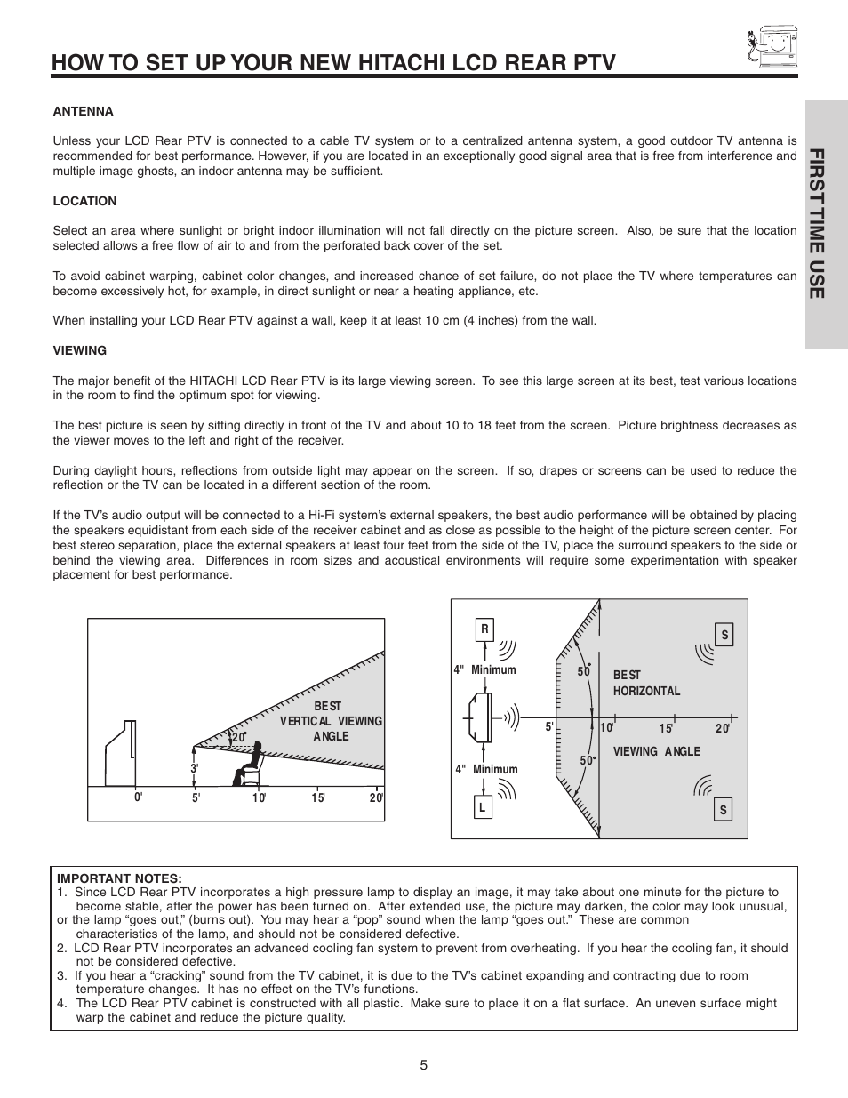 How to set up your new hitachi lcd rear ptv, First time use | Hitachi 42V525 User Manual | Page 5 / 76