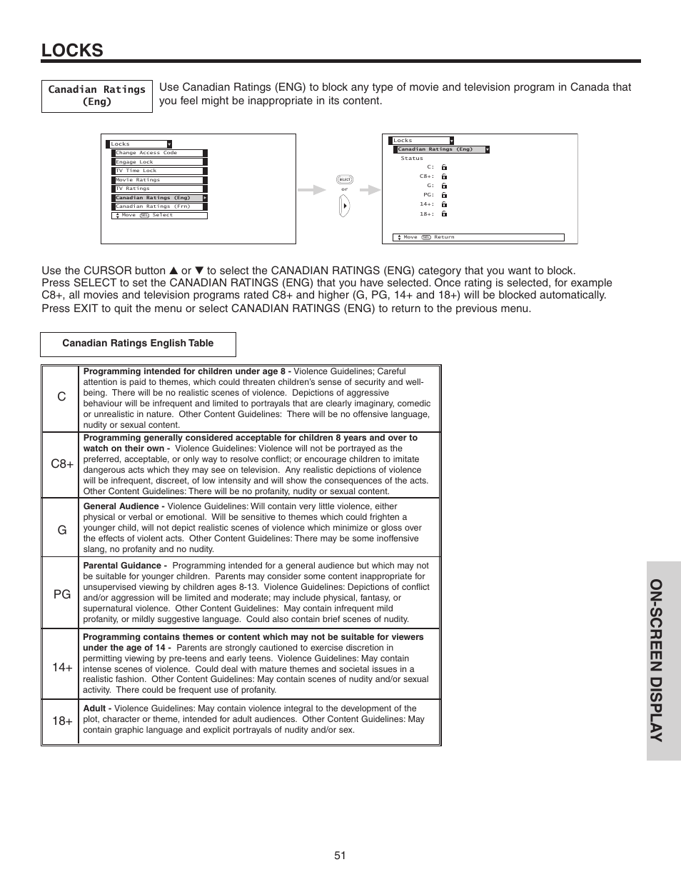 Locks, On-screen displa y | Hitachi 42V525 User Manual | Page 51 / 76