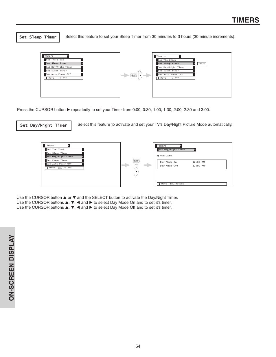 Timers, On-screen displa y | Hitachi 42V525 User Manual | Page 54 / 76