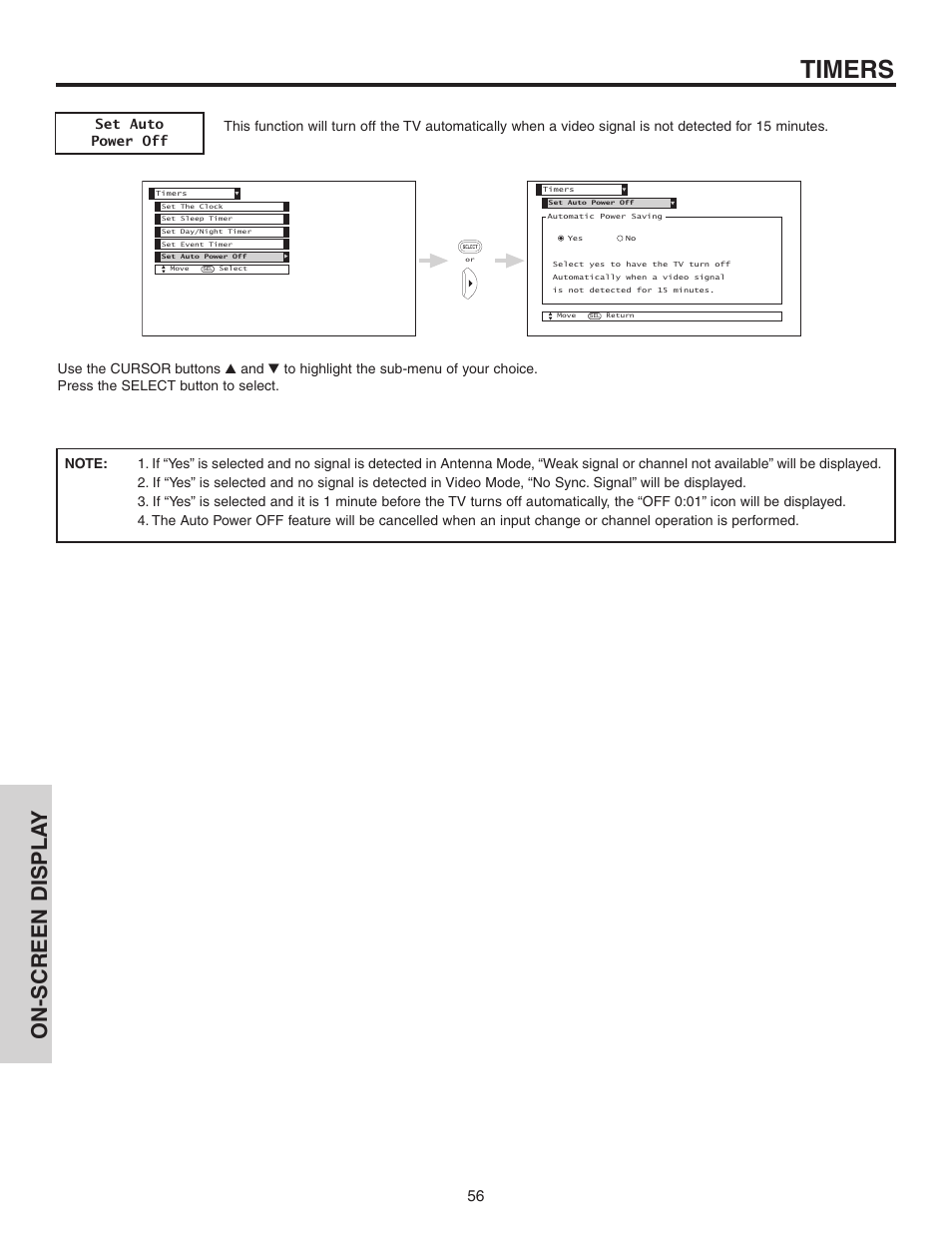 Timers, On-screen displa y | Hitachi 42V525 User Manual | Page 56 / 76