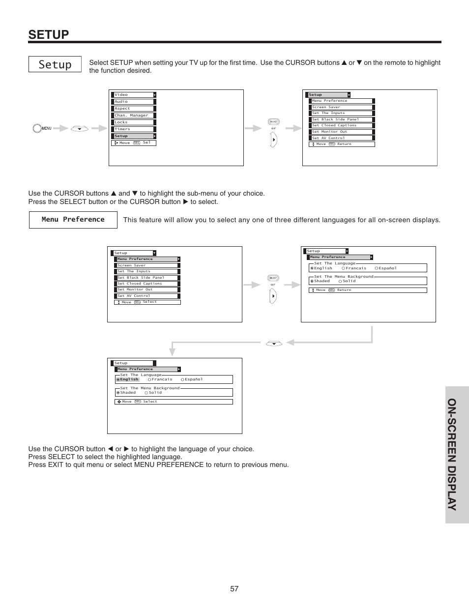 Setup, On-screen displa y | Hitachi 42V525 User Manual | Page 57 / 76
