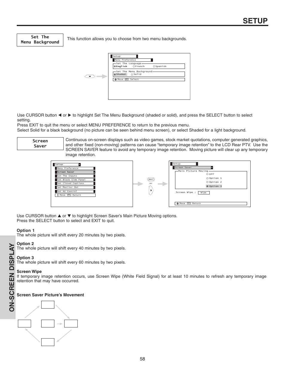 Setup, On-screen displa y | Hitachi 42V525 User Manual | Page 58 / 76