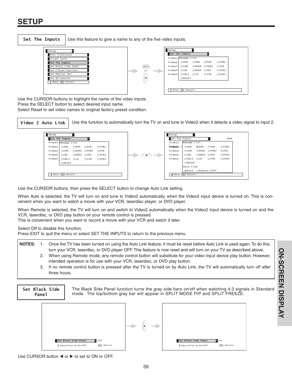 Setup, On-screen displa y | Hitachi 42V525 User Manual | Page 59 / 76