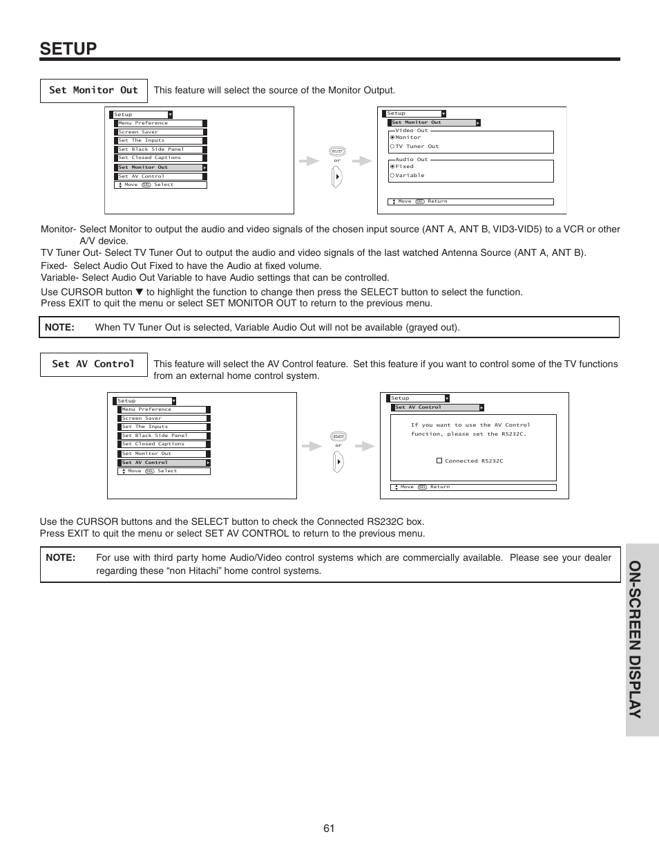 Setup, On-screen displa y | Hitachi 42V525 User Manual | Page 61 / 76