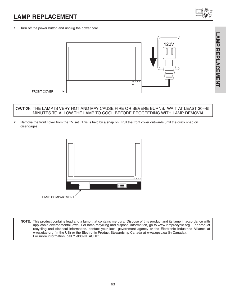 Lamp replacement, Lamp repla cement | Hitachi 42V525 User Manual | Page 63 / 76