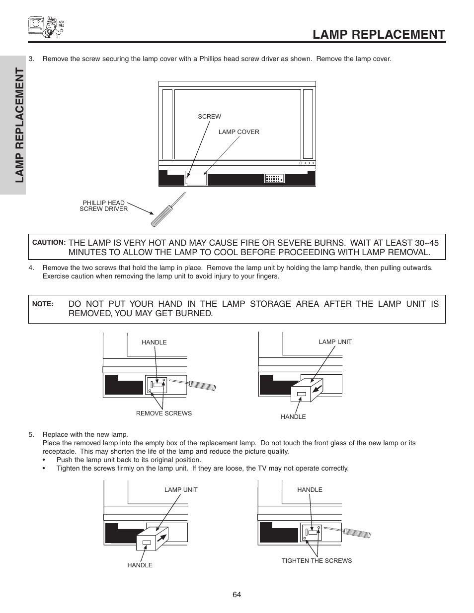 Lamp replacement, Lamp repla cement | Hitachi 42V525 User Manual | Page 64 / 76