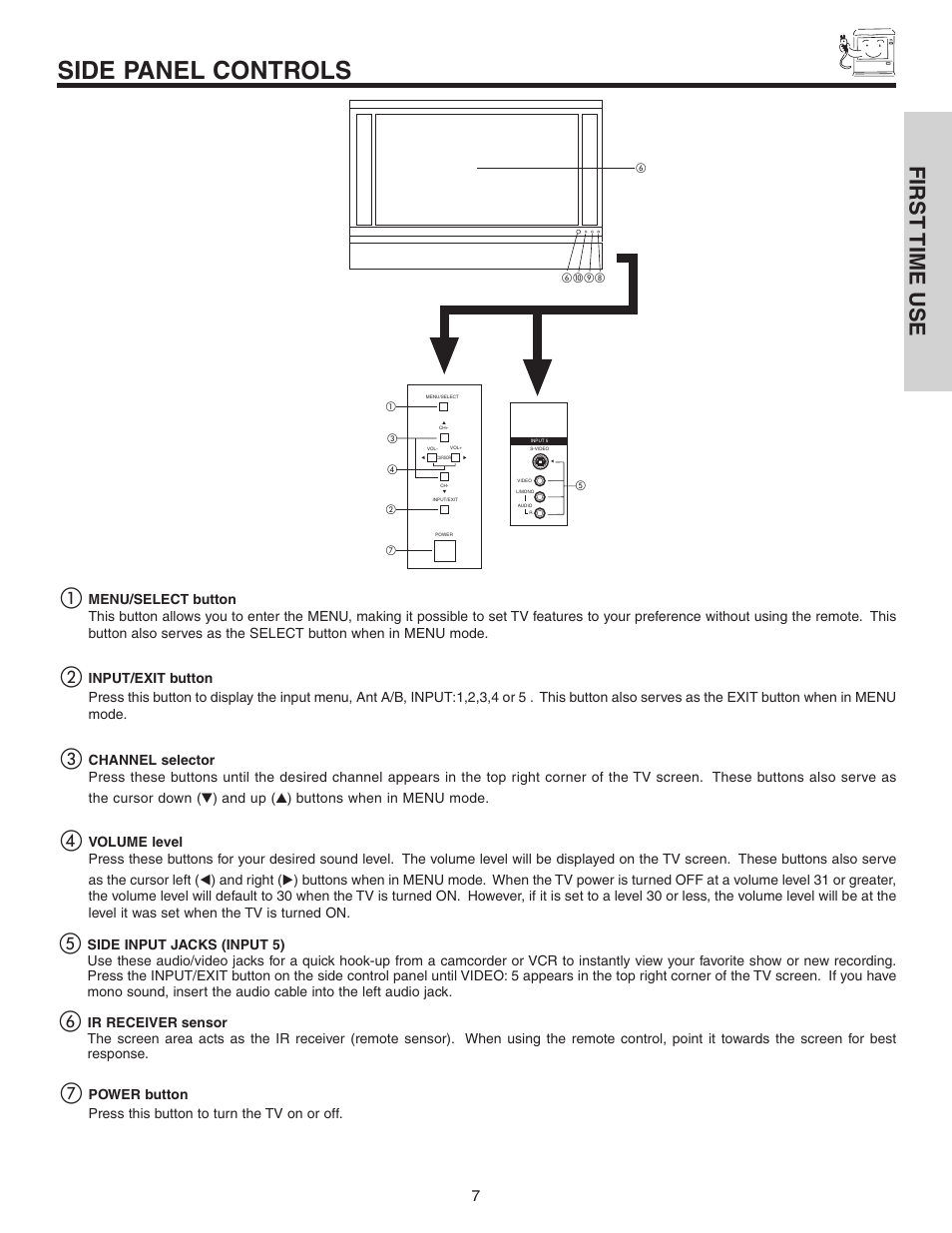 Side panel controls, First time use | Hitachi 42V525 User Manual | Page 7 / 76