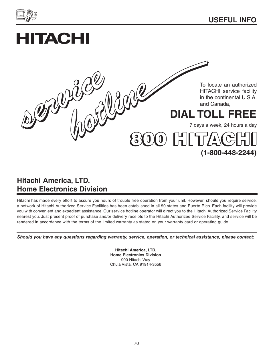 Dial toll free, Useful info, Hitachi america, ltd. home electronics division | Hitachi 42V525 User Manual | Page 70 / 76