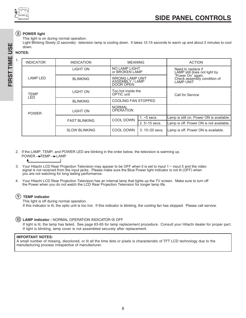 Side panel controls, First time use | Hitachi 42V525 User Manual | Page 8 / 76