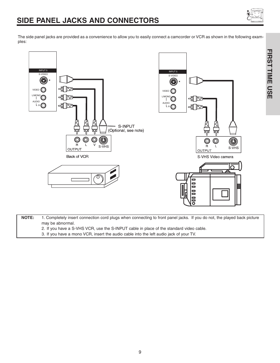 Side panel jacks and connectors, First time use | Hitachi 42V525 User Manual | Page 9 / 76