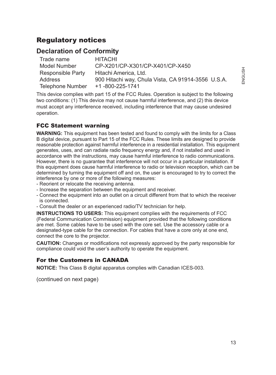 Regulatory notices declaration of conformity | Hitachi 8755H User Manual | Page 13 / 16