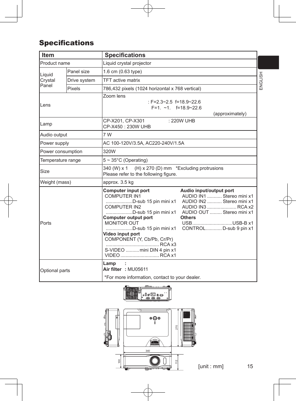 Specifications, Item specifications | Hitachi 8755H User Manual | Page 15 / 16