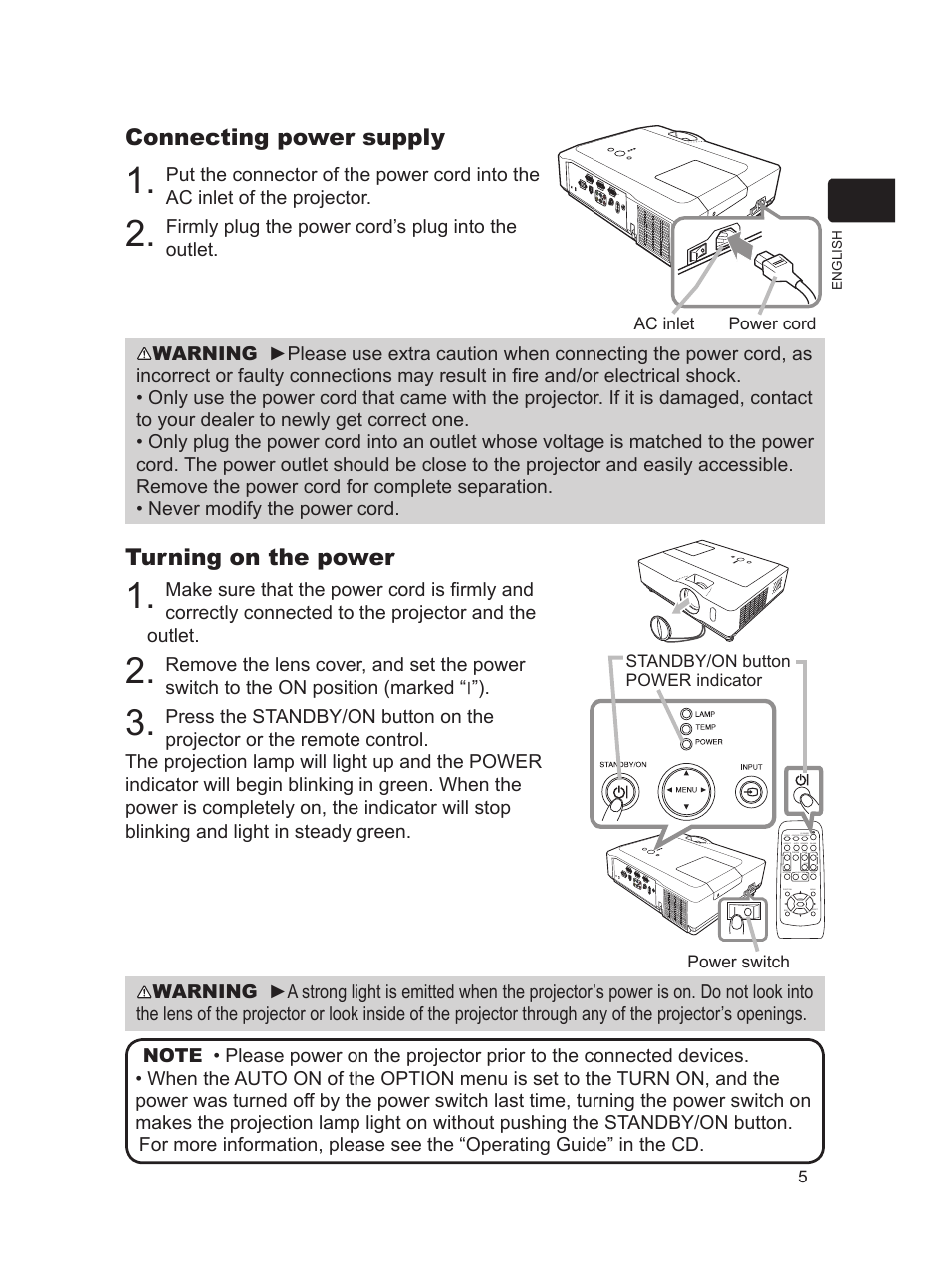 Connecting power supply, Turning on the power | Hitachi 8755H User Manual | Page 5 / 16