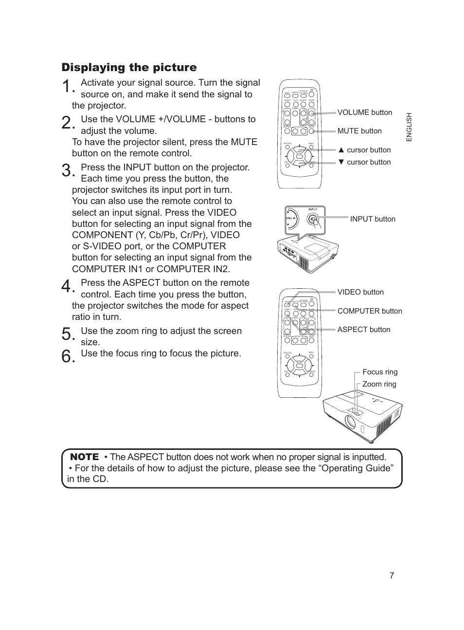 Displaying the picture, Use the zoom ring to adjust the screen size, Use the focus ring to focus the picture | Focus ring zoom ring | Hitachi 8755H User Manual | Page 7 / 16