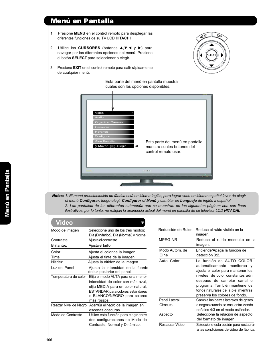 En pantalla, Video, Men ú en p an ta lla | Hitachi L42V651 User Manual | Page 106 / 150
