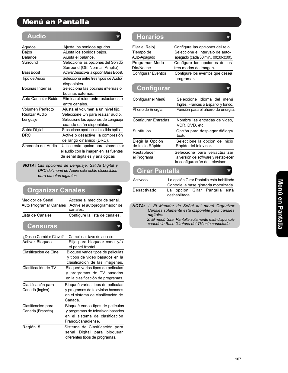 En pantalla, Audio, Organizar canales | Censuras, Horarios configurar, Girar pantalla, Men ú en p an ta lla | Hitachi L42V651 User Manual | Page 107 / 150