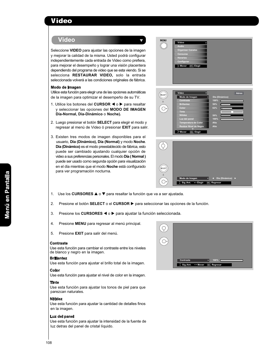 Video, Men ú en p an ta lla | Hitachi L42V651 User Manual | Page 108 / 150