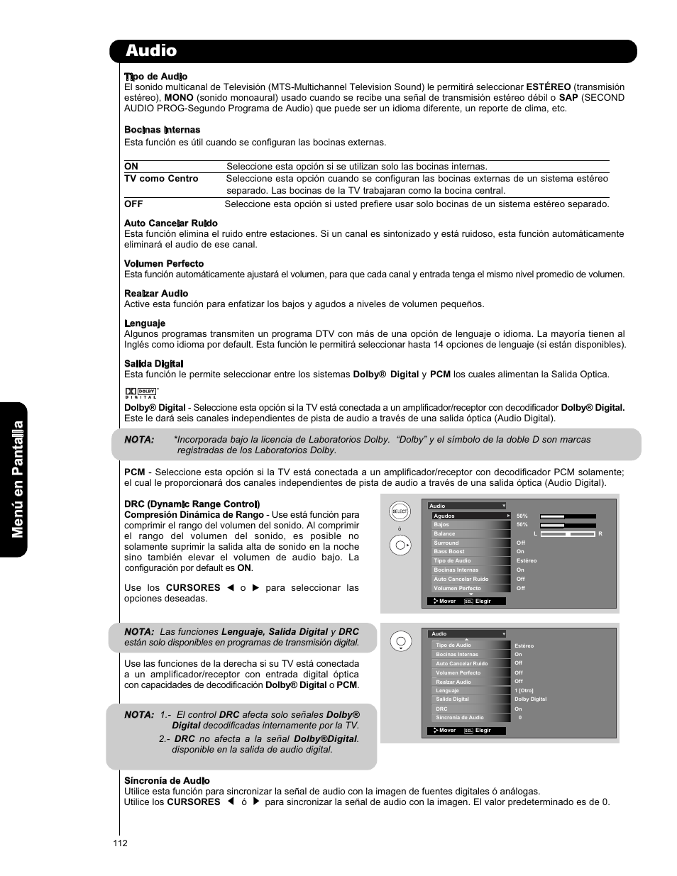 Audio, Men ú en p an ta lla | Hitachi L42V651 User Manual | Page 112 / 150