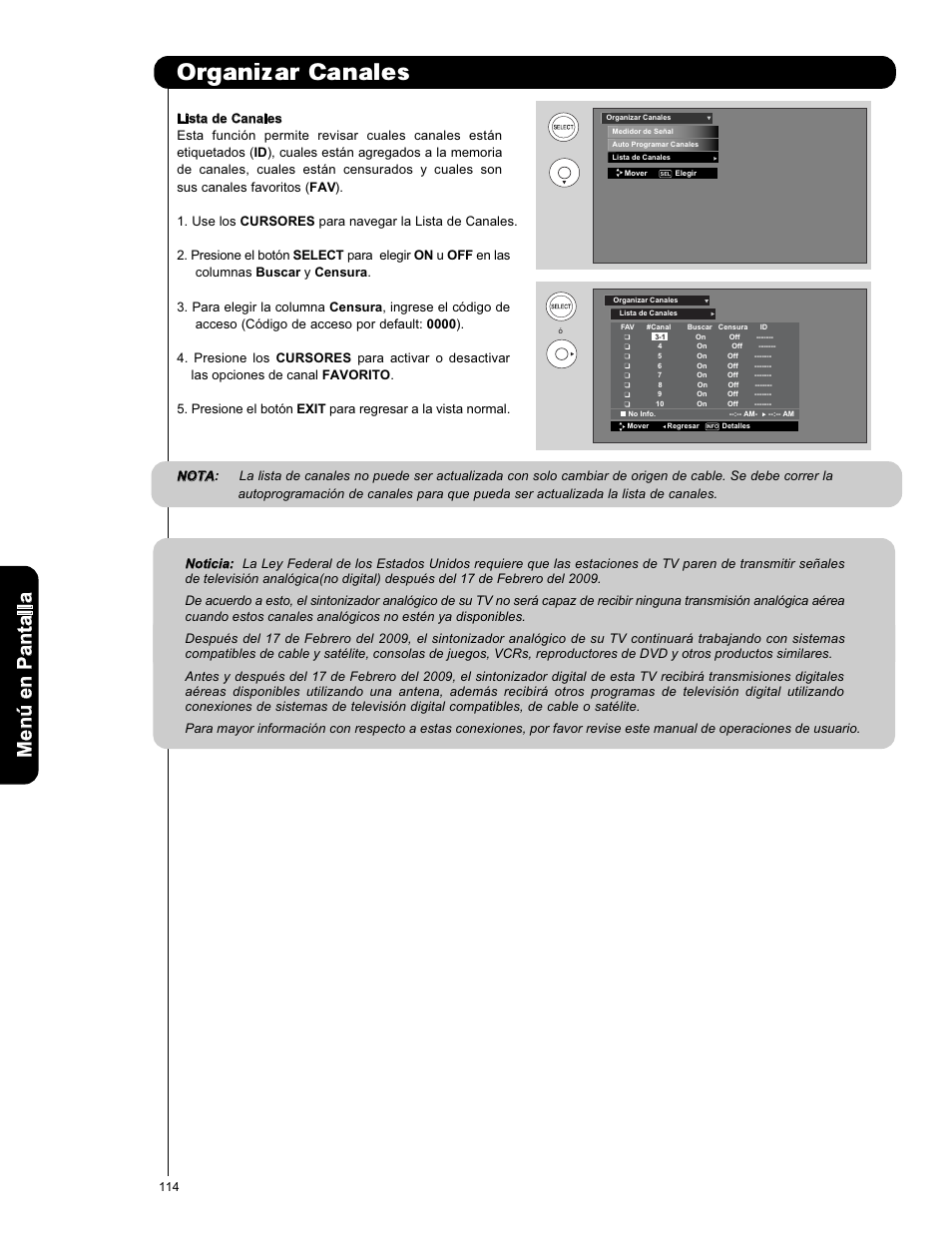 Organizar canales, Men ú en p an ta lla | Hitachi L42V651 User Manual | Page 114 / 150