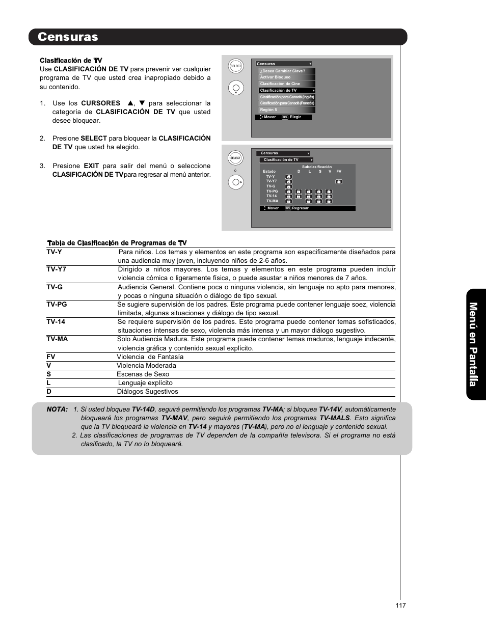 Censuras, Men ú en p an ta lla | Hitachi L42V651 User Manual | Page 117 / 150