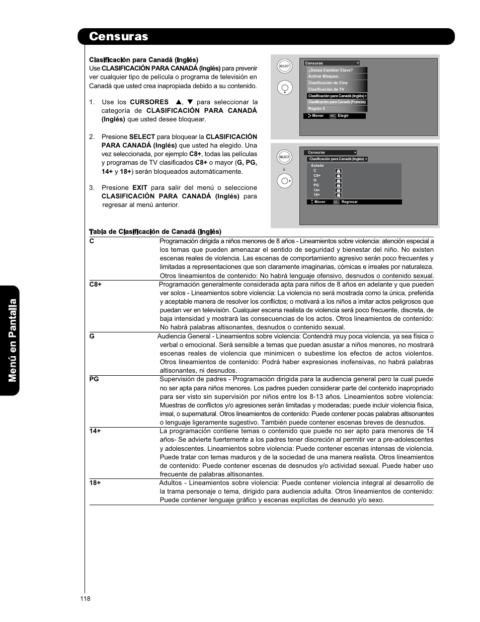 Censuras, Men ú en p an ta lla | Hitachi L42V651 User Manual | Page 118 / 150