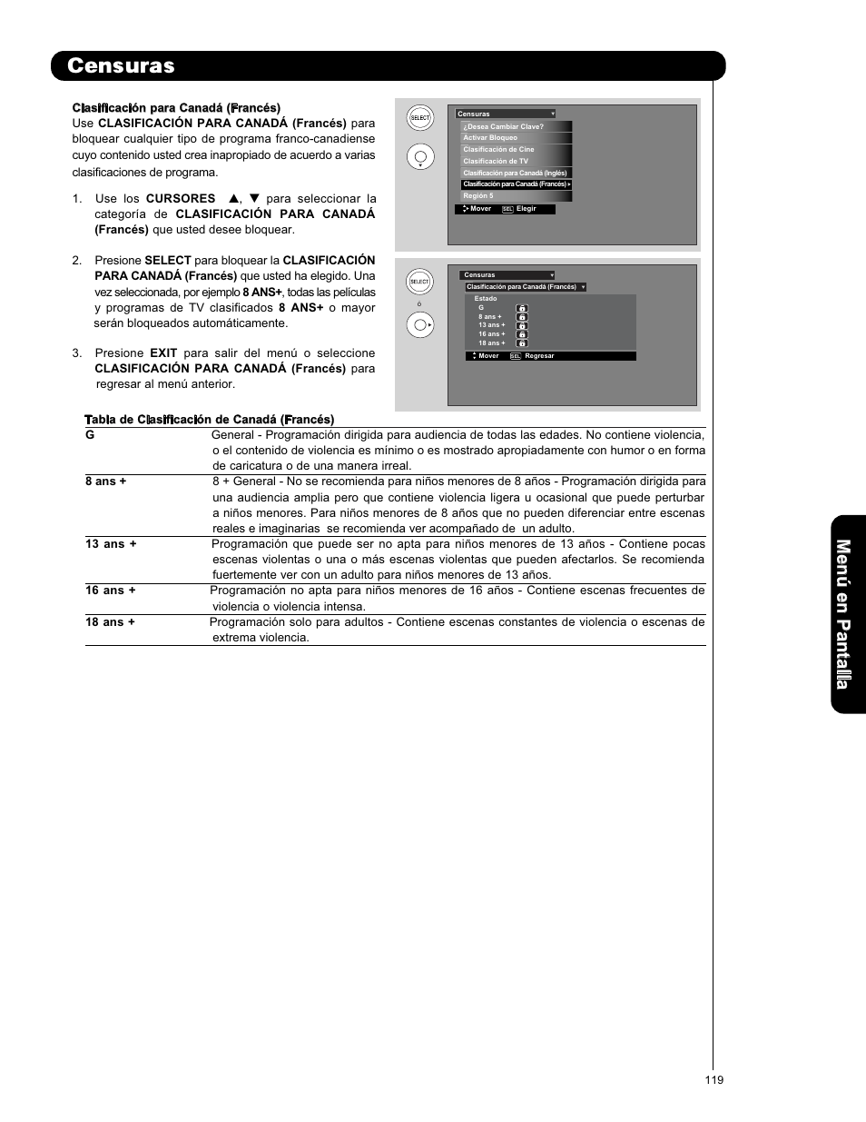 Censuras, Men ú en p an ta lla | Hitachi L42V651 User Manual | Page 119 / 150