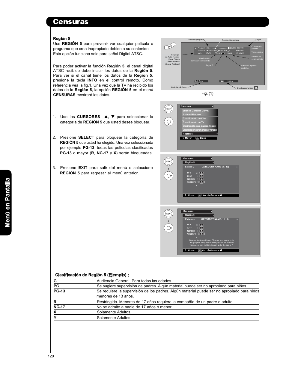 Censuras, Men ú en p an ta lla, Clasificación de región 5 (ejemplo) | Use los cursores, Fig. (1) | Hitachi L42V651 User Manual | Page 120 / 150