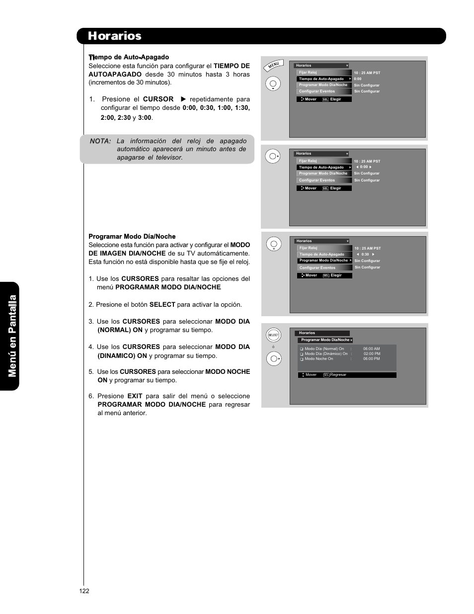 Horarios, Men ú en p an ta lla, Presione el cu rsor | Hitachi L42V651 User Manual | Page 122 / 150