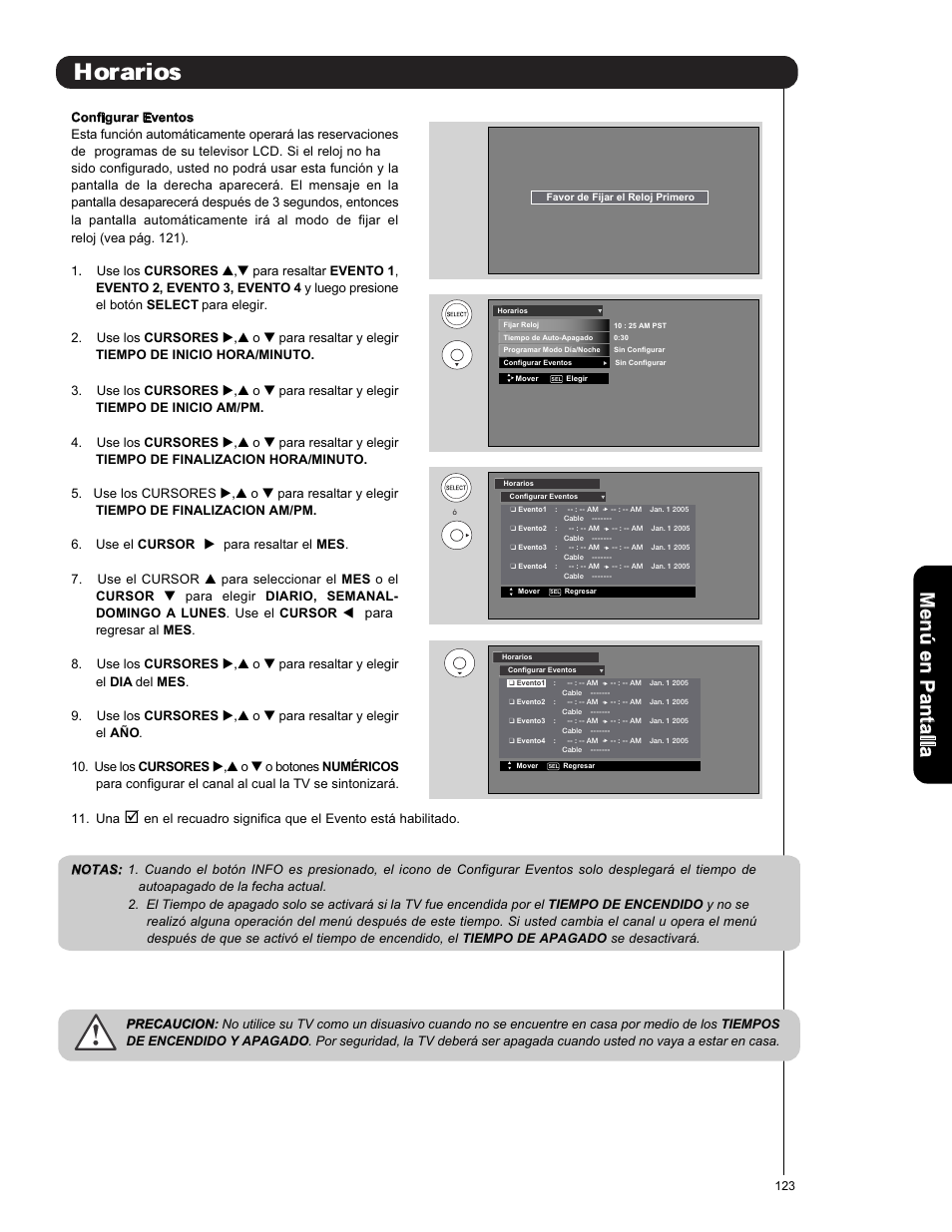 Horarios, Men ú en p an ta lla | Hitachi L42V651 User Manual | Page 123 / 150