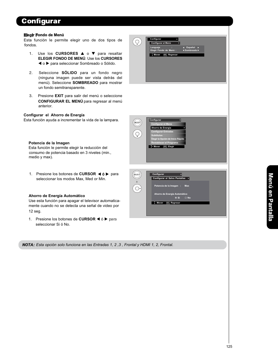 Configurar, Men ú en p an ta lla | Hitachi L42V651 User Manual | Page 125 / 150