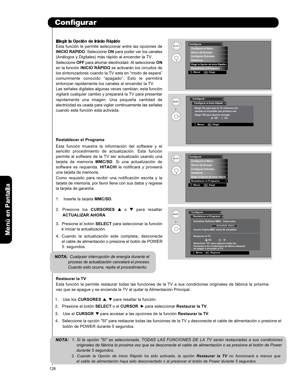 Configurar, Men ú en p an ta lla | Hitachi L42V651 User Manual | Page 128 / 150