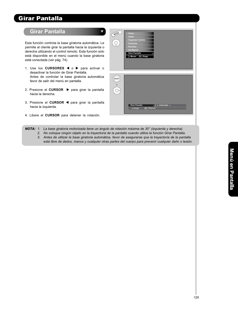 Girar pantalla, Men ú en p an ta lla | Hitachi L42V651 User Manual | Page 129 / 150
