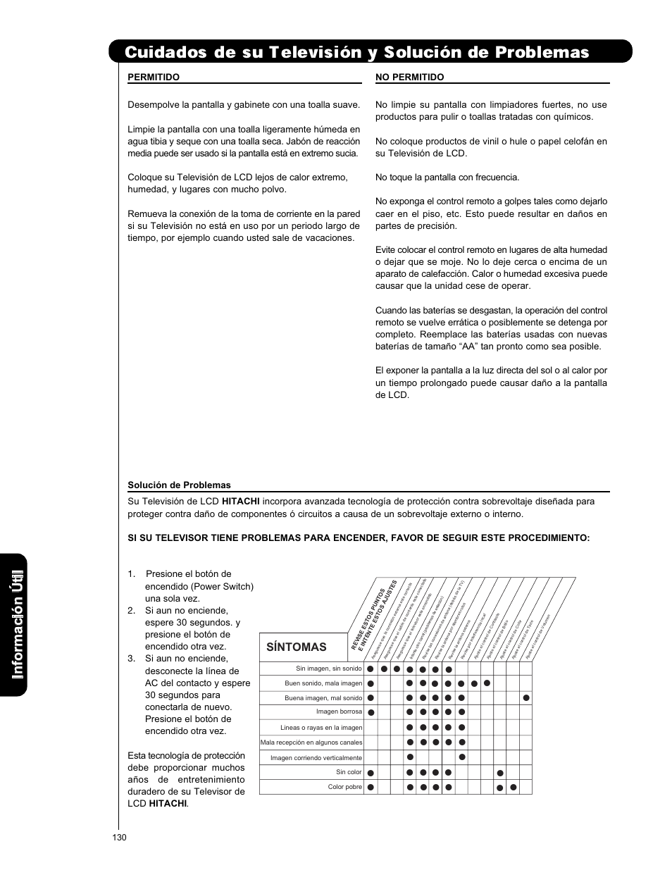 Cuidados de su televisi, N y soluci, N de problemas | Síntomas | Hitachi L42V651 User Manual | Page 130 / 150