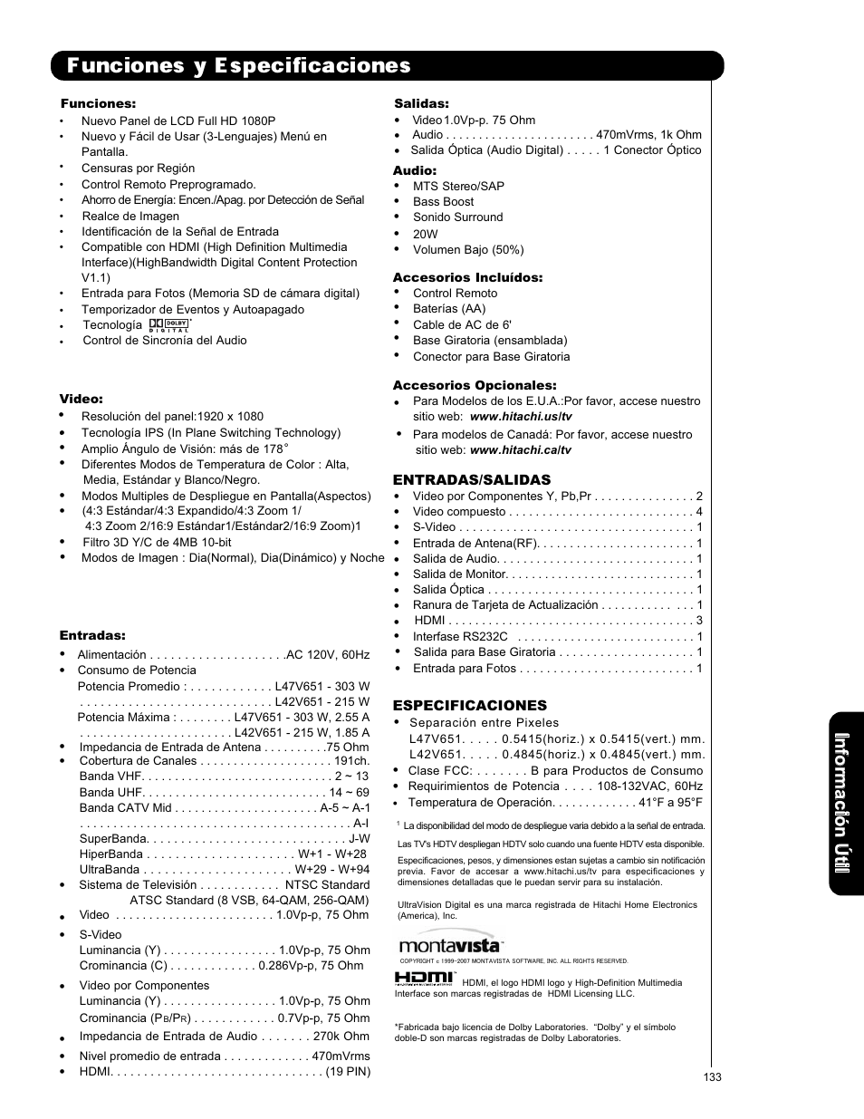 Funciones y especificaciones | Hitachi L42V651 User Manual | Page 133 / 150
