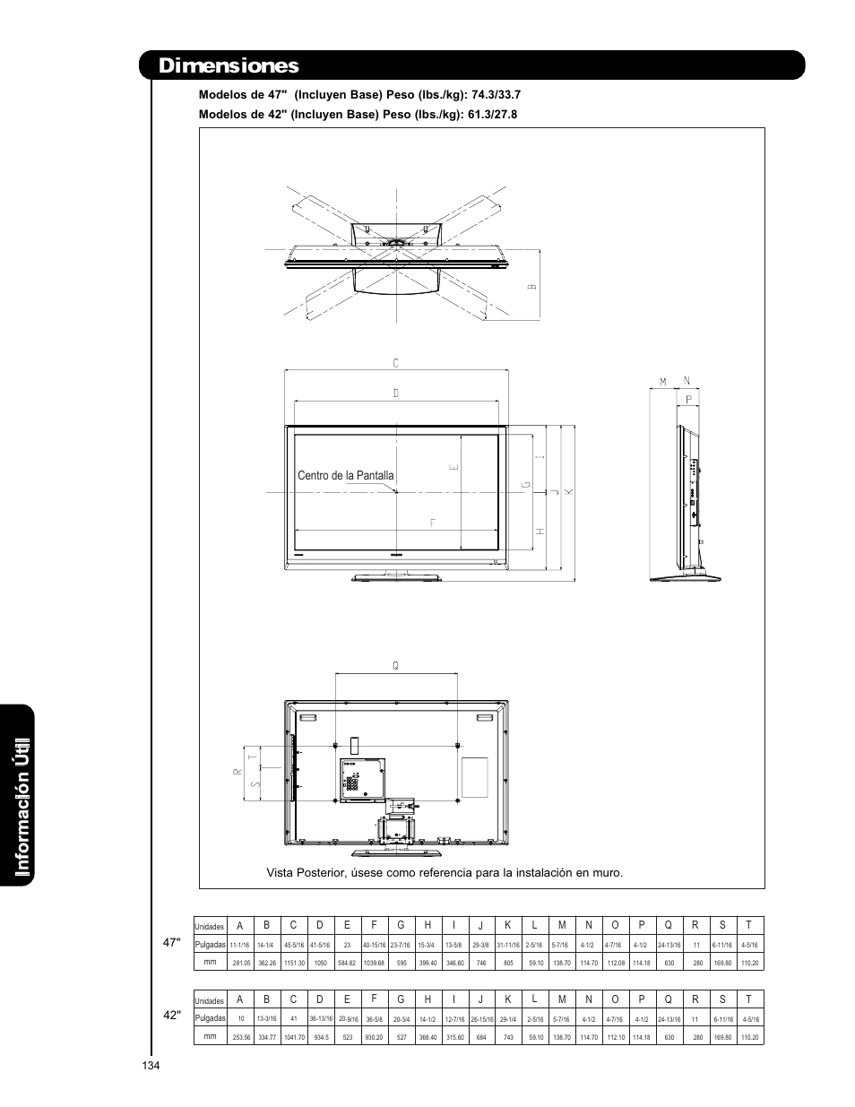 Dimensiones | Hitachi L42V651 User Manual | Page 134 / 150