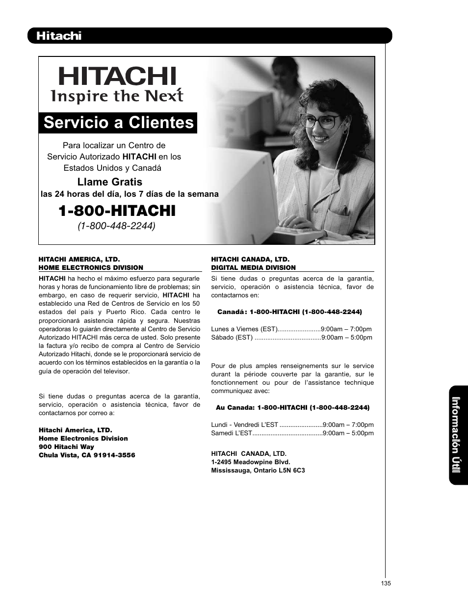 Hitachi, Servicio a clientes, 800-hitachi | Llame gratis | Hitachi L42V651 User Manual | Page 135 / 150