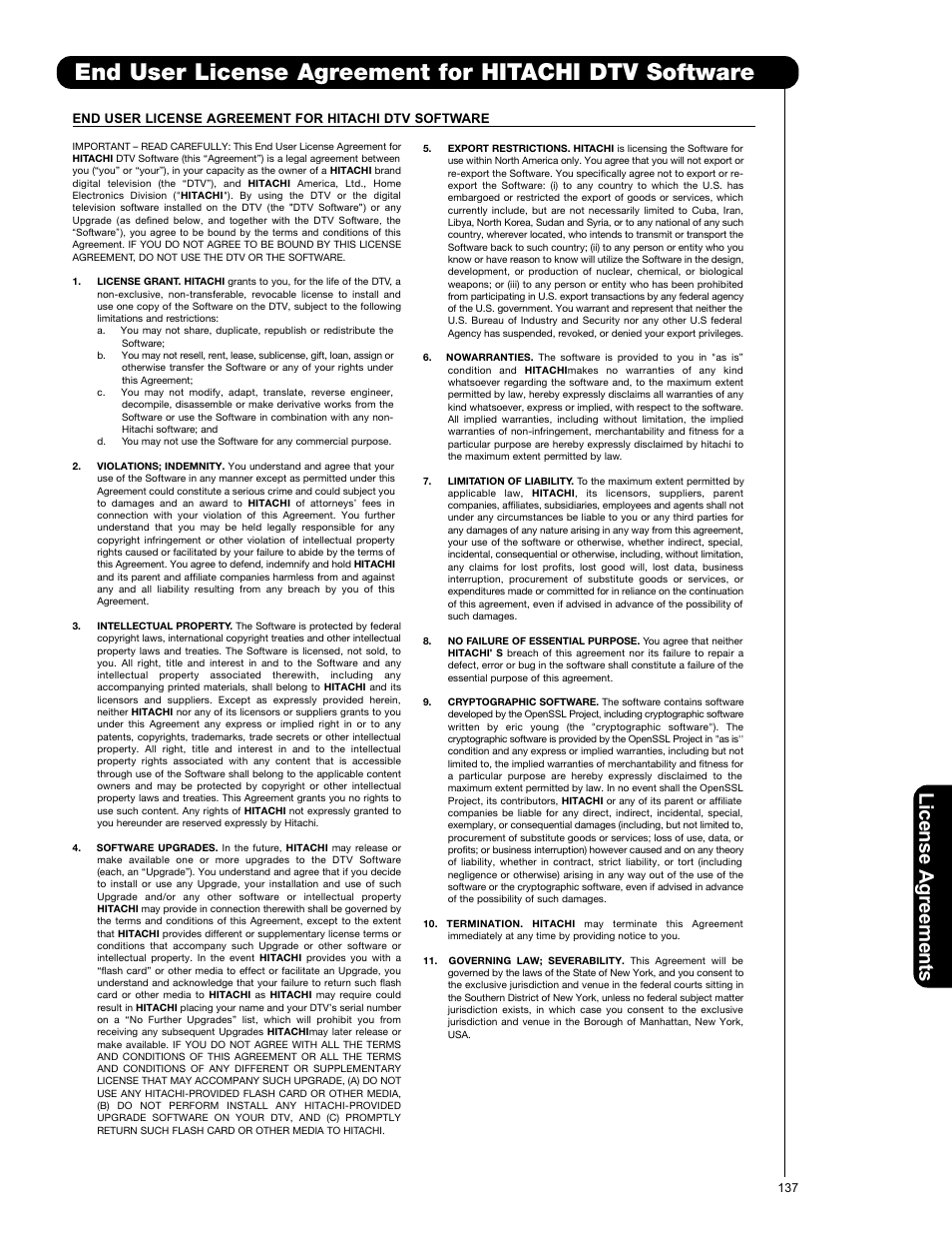 Lic en se a g re em en ts | Hitachi L42V651 User Manual | Page 137 / 150