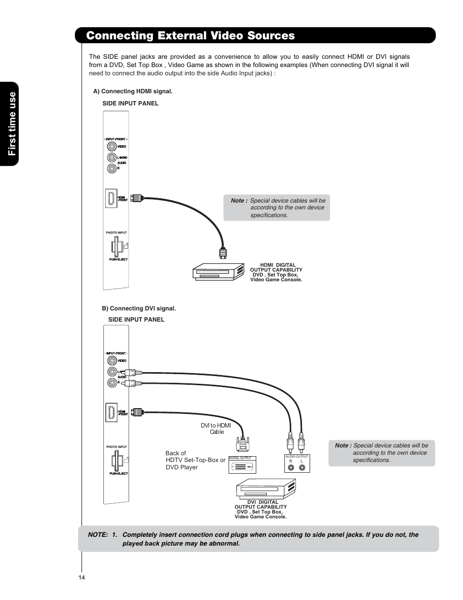 Connecting external video sources, First time use | Hitachi L42V651 User Manual | Page 14 / 150