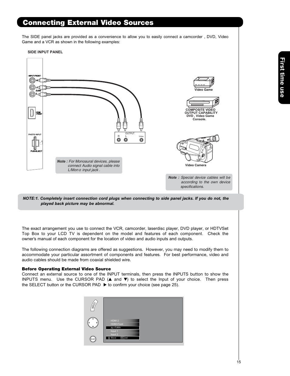 Connecting external video sources, First time use | Hitachi L42V651 User Manual | Page 15 / 150