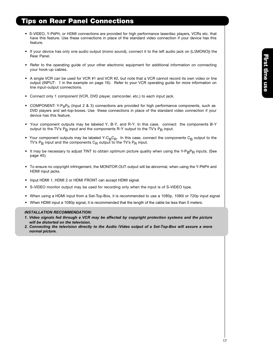 Tips on rear panel connections, Firs t tim e u se | Hitachi L42V651 User Manual | Page 17 / 150