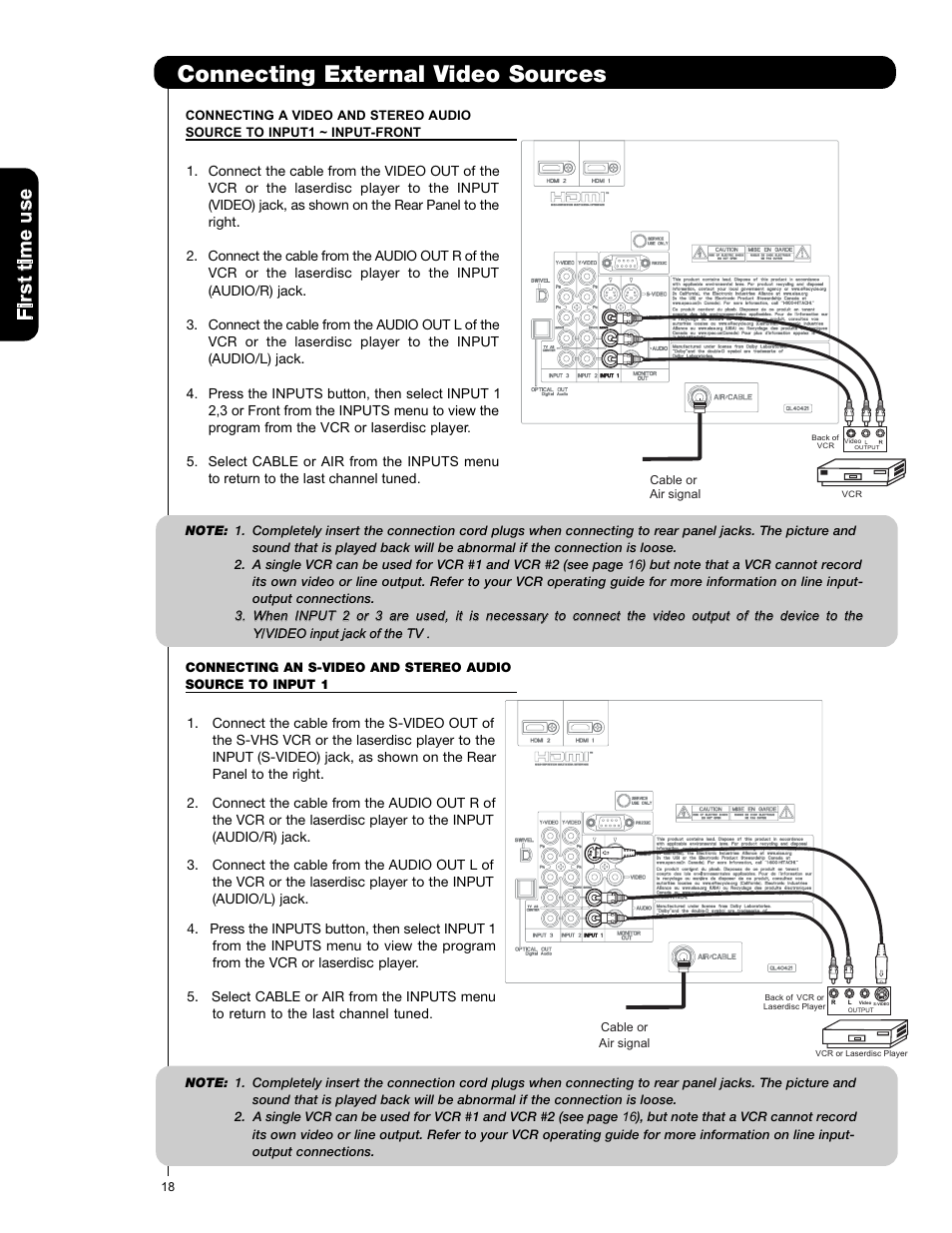 Connecting external video sources | Hitachi L42V651 User Manual | Page 18 / 150