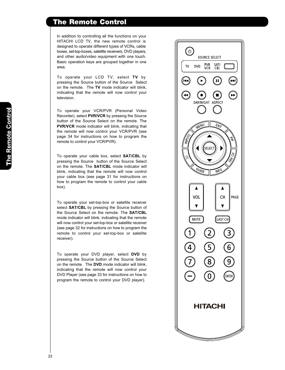 The remote control | Hitachi L42V651 User Manual | Page 22 / 150
