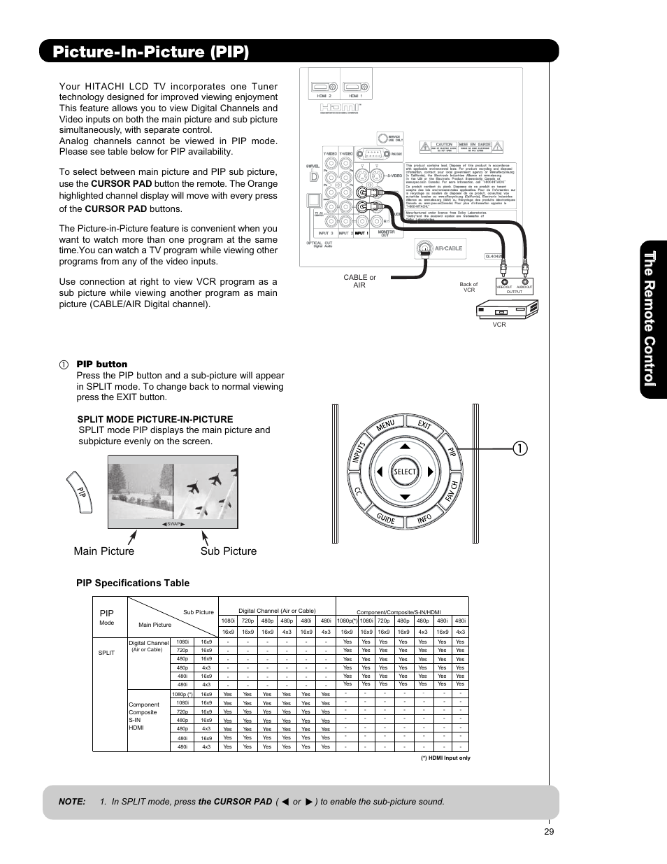 Picture- in-picture (pip), Main picture sub picture, Pip specifications table | Split mode pip displays the main picture and | Hitachi L42V651 User Manual | Page 29 / 150